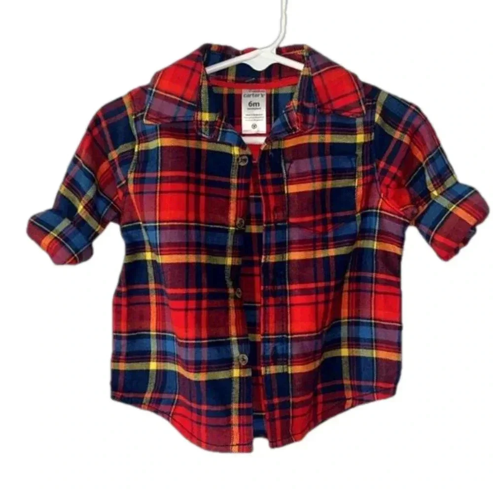NWT Carters plaid flannel‎ shirt size 6 months 1 pocket super cute 100% cotton